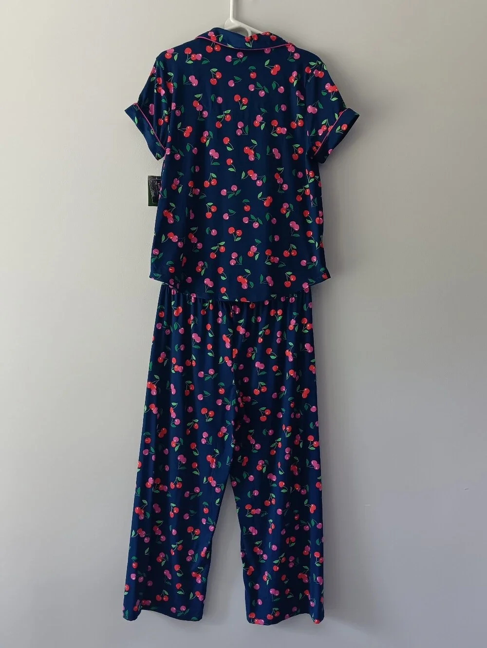 New Kate Spade Short Sleeve Pajama Pant Set Red Pink Cherries Indigo Blue Medium